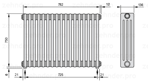Схема (чертеж) Радиатор Zehnder Charleston 4075/17 №3570 Белый глянцевый RAL 9016